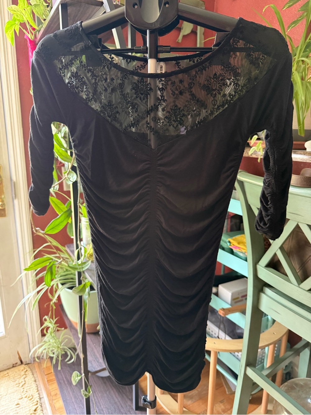 Free People Black Ruched Lace Yoke Mini Dress